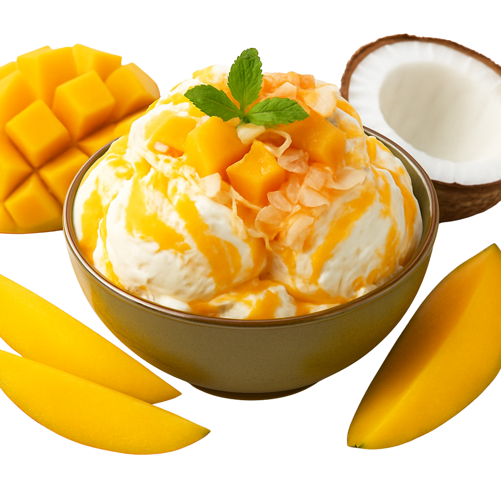 Mango Coconut Paradise ice cream bowl with fresh mango and coconut